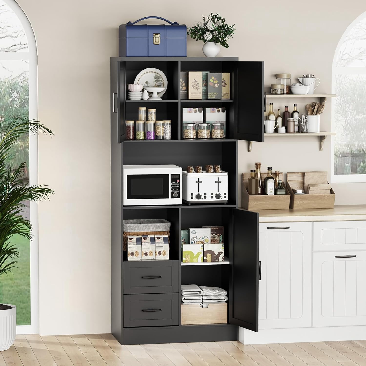 Lafnest  Farmhouse Kitchen Pantry with LED Lights & Power Strip,68" Tall Cabinet with Microwave Stand,Barn Doors & Drawers for Dining Room,Black