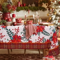 Waykingo Washable 60" x 84" Traditional Holiday Red Poinsettia & Plaid Polyester Tablecloth