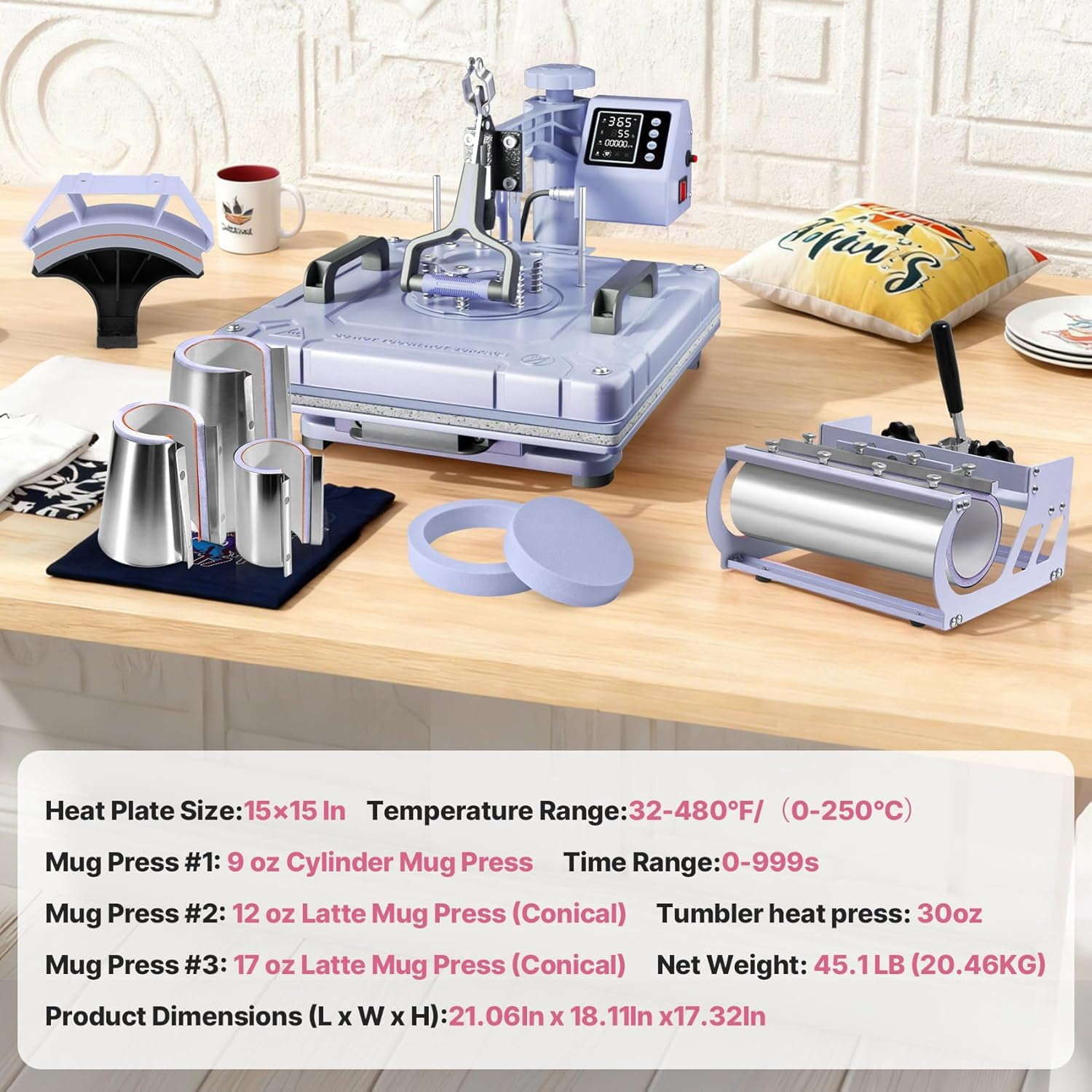 DKMOCO 8 in 1 Heat Press Machine with 30OZ Tumbler press, 15"x15" 360-Degree Swing Away Digital Heat Transfer Sublimation for Mugs Hat Plate Cap T Shirts,Lavender