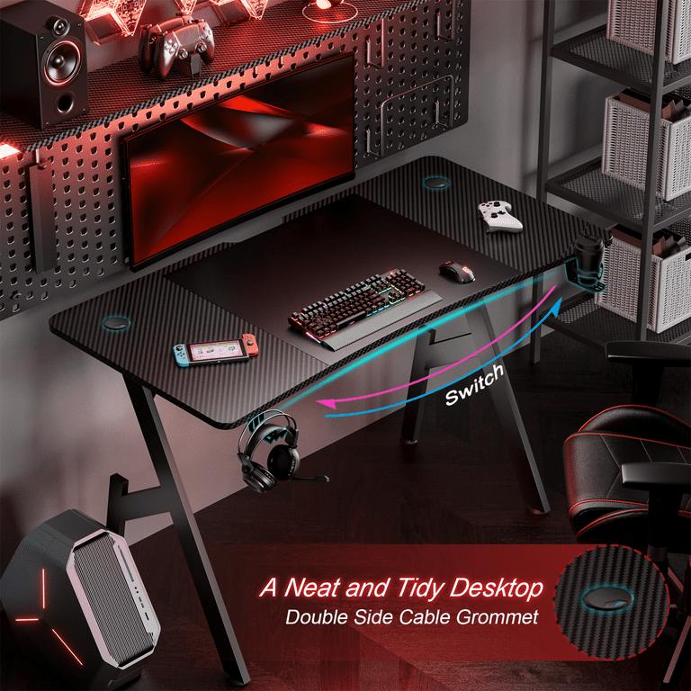 HLDIRECT 47 Inch Gaming Desk with LED Lights Carbon Fibre Surface Gaming Table Large Computer Desk Ergonomic Home Office Desks Z Shaped PC Gamer