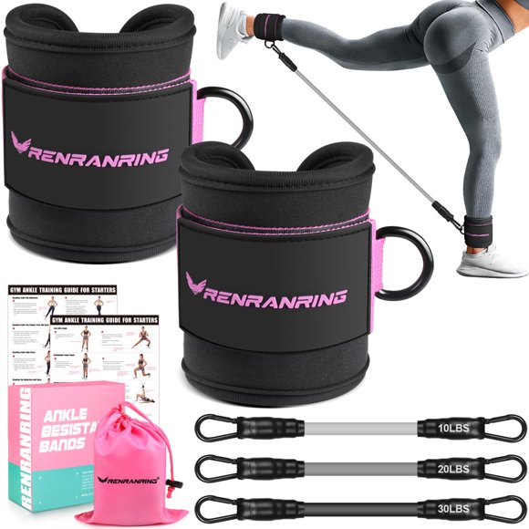 Bandas de Resistencia para Tobillo RENRANRING Black Ankle Band con 3 Niveles de Tension y Puños Acolchados