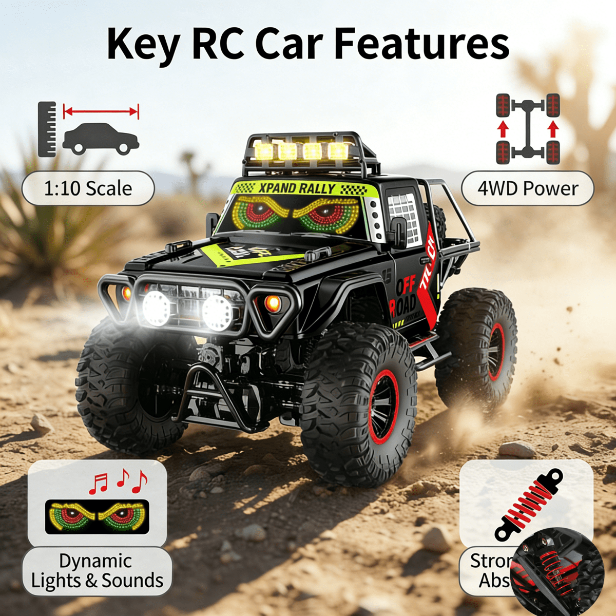 HNH 1:10 Big Rock Crawler 4WD Rc Car off Road Monster Truck, 25KM/H Remote Control Car with LED Light, 2400Mah Batteries