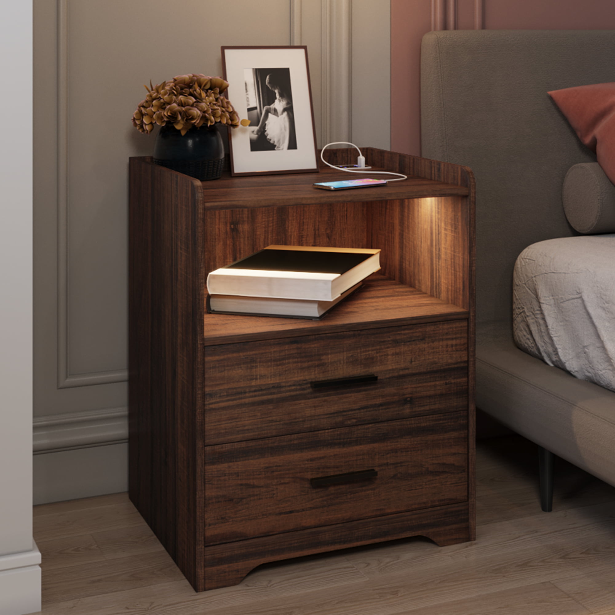 LVSOMT Brown Night Stand with Charging,Modern Nightstand with Drawers ...