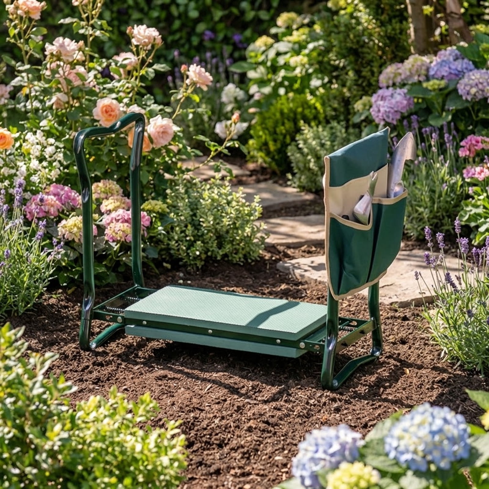Biotree Folding Garden Kneeler Seat with Cushion Pad and Tool Pouch 300 lbs Capacity Sturdy Steel Frame Green - Compact Outdoor Gardening Bench for Adults