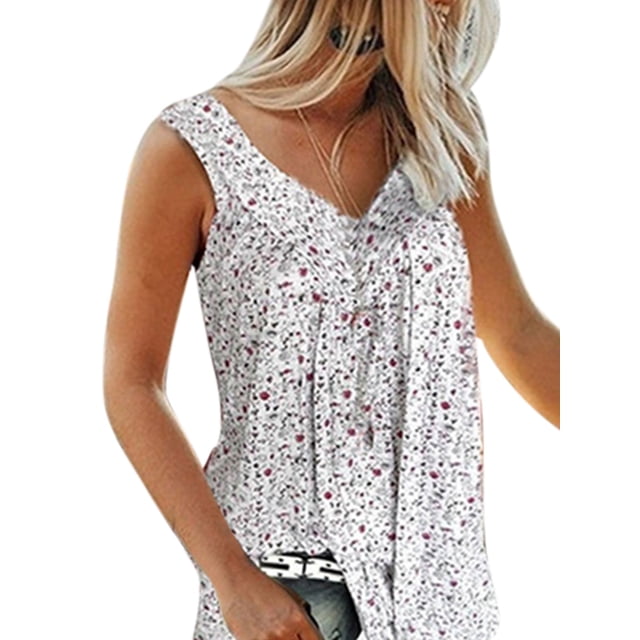 Innerwin Haut d'Été Col en V Débardeurs pour Femmes Imprimé Floral Boho T-Shirts Blanc 3TG
