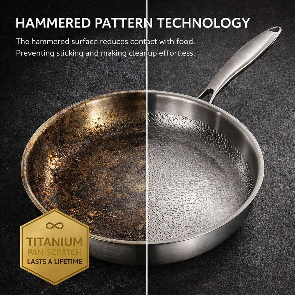 Titanium Pan - 2026 Upgraded Pure Titanium Frying Pan with Lid 12" Non Stick, Hammered Chef-Grade Design, Dishwasher-Safe, Healthy Cookware (32cm/12.59in, Lidless)