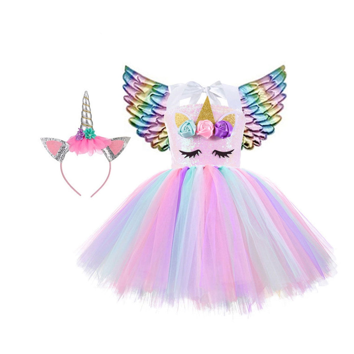 Unicorn Girls Sequins Rainbow Tutu Dress+Headband Kids Party Formal Costume 2PCS 
