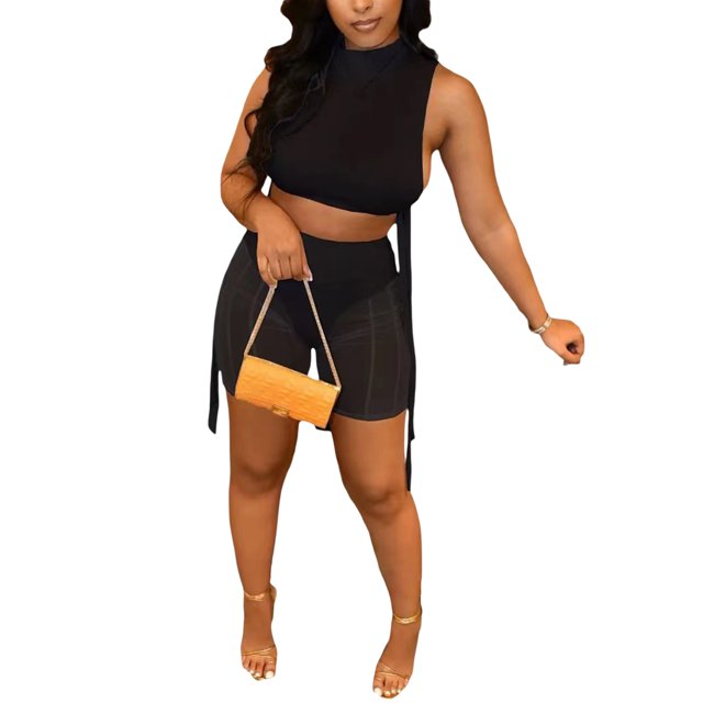 SAYOO - Conjunto de dos piezas para mujer, camisetas sin mangas de color sólido y pantalones cortos de malla transparente SAYOO Moda