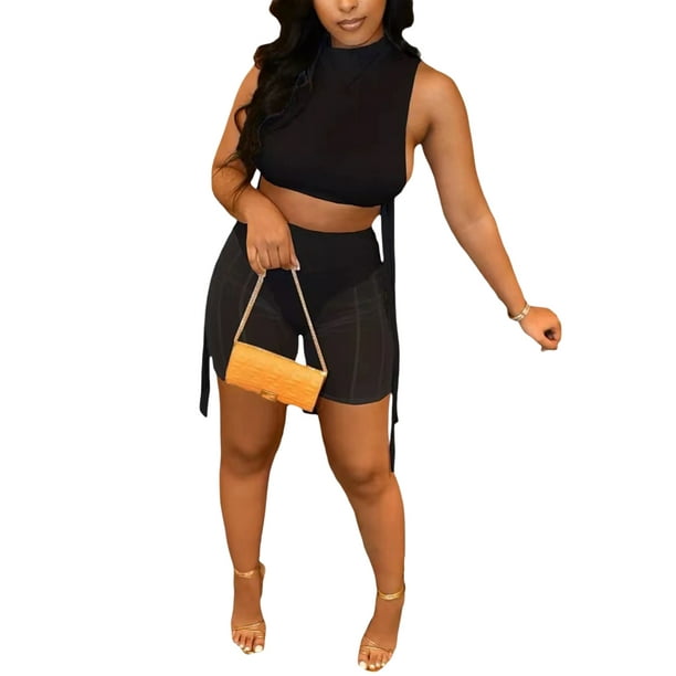 Txlixc - Conjunto de dos piezas para mujer, camisetas sin mangas de color sólido y pantalones cortos de malla transparente Txlixc Moda
