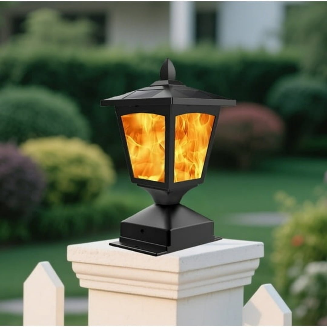 Solar Post Cap Lights for 4x4 Wood Fence, Flickering Flame LED, Waterproof Outdoor Deck & Garden Lighting,Auto On/Off, Black