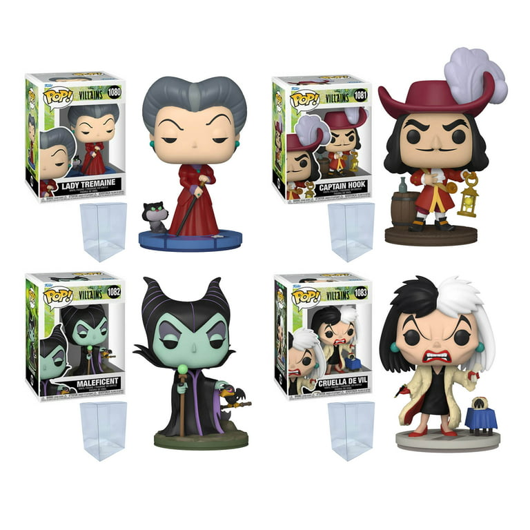 Disney Villains Funko Pop Set of 4 with Protector Bundle - Includes Lady Tremaine 1080, Hook 1081, Maleficent 1082, Cruella de Vil 1083 Figures with