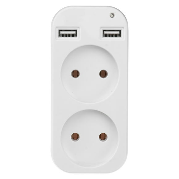 Adaptador de corriente europeo con enchufe doble y doble USB. Regleta de enchufes. Enchufe UE.