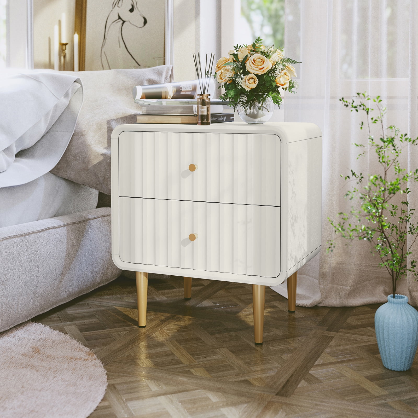 CBJCBJ Modern Bedroom Nightstand Set of 2, 20" Wood Bedside Table with 2 Drawers and Gold Handles, White