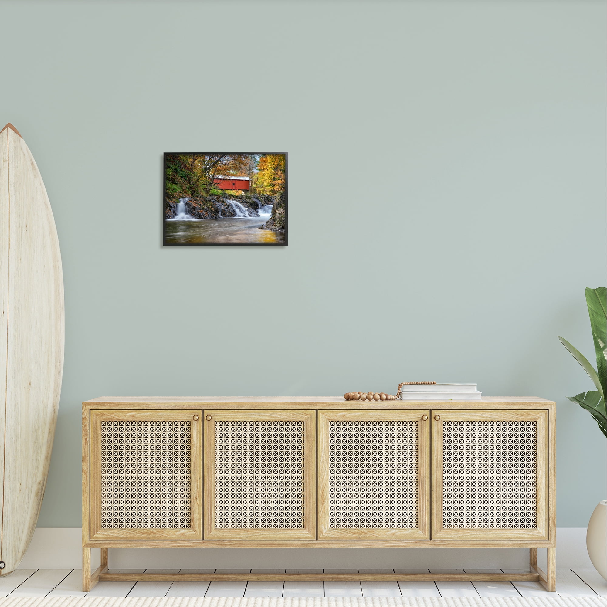 Stupell Bridge Waterfalls Flowing River Foliage Landscape Photography Black Framed Art Print Wall Art