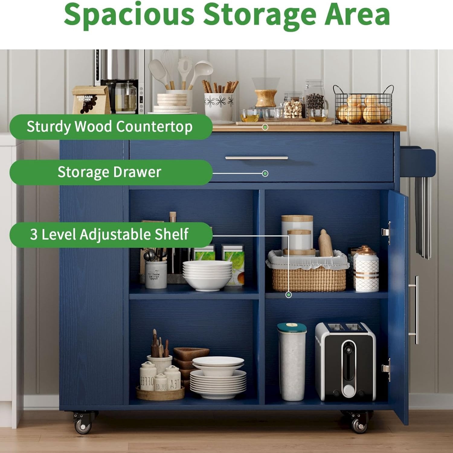 DreamCurship 39" Kitchen Island Cart with Storage, Kitchen Cart Island on Wheels, Rolling Kitchen Island with Spice Rack & Towel Rack, Island Table for Kitchen, Blue