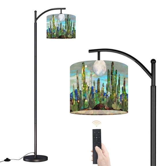 Arc Floor Lamp with Adjustable Lampshade Mystical Cacti Landscape Stained Glass Panel Standing Lamp 3 Color Temperatures Dimmable Tall Pole Lamp with Foot Switch for Bedroom Sofa Beside Corner
