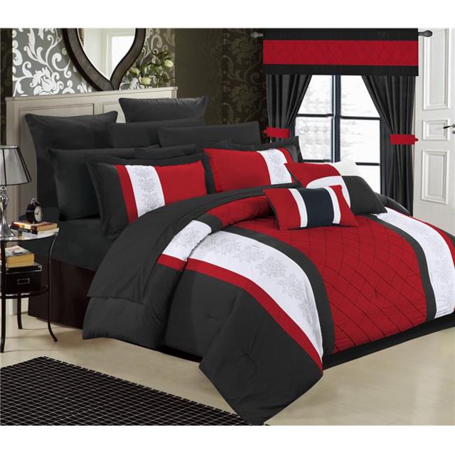 Aura Complete Pintuck Embroidery Color Block Bedding, Sheets, Window Panel Collection Bed in a Bag Comforter Set Sheets - Red - Queen - 24 Piece