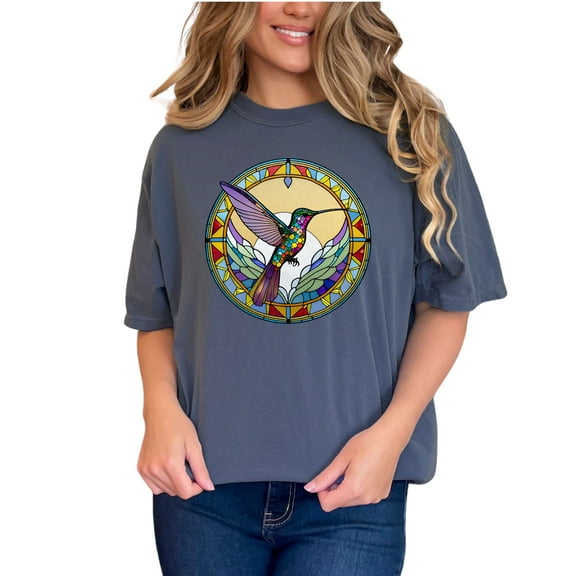 Hummingbird Stained Glass Graphic TShirt, Vibrant Bird Design Tee, Nature Inspired Clothing, Unique Colorful Tee, Artistic TShirt, Denim Comfort Colors T-Shirt, Small
