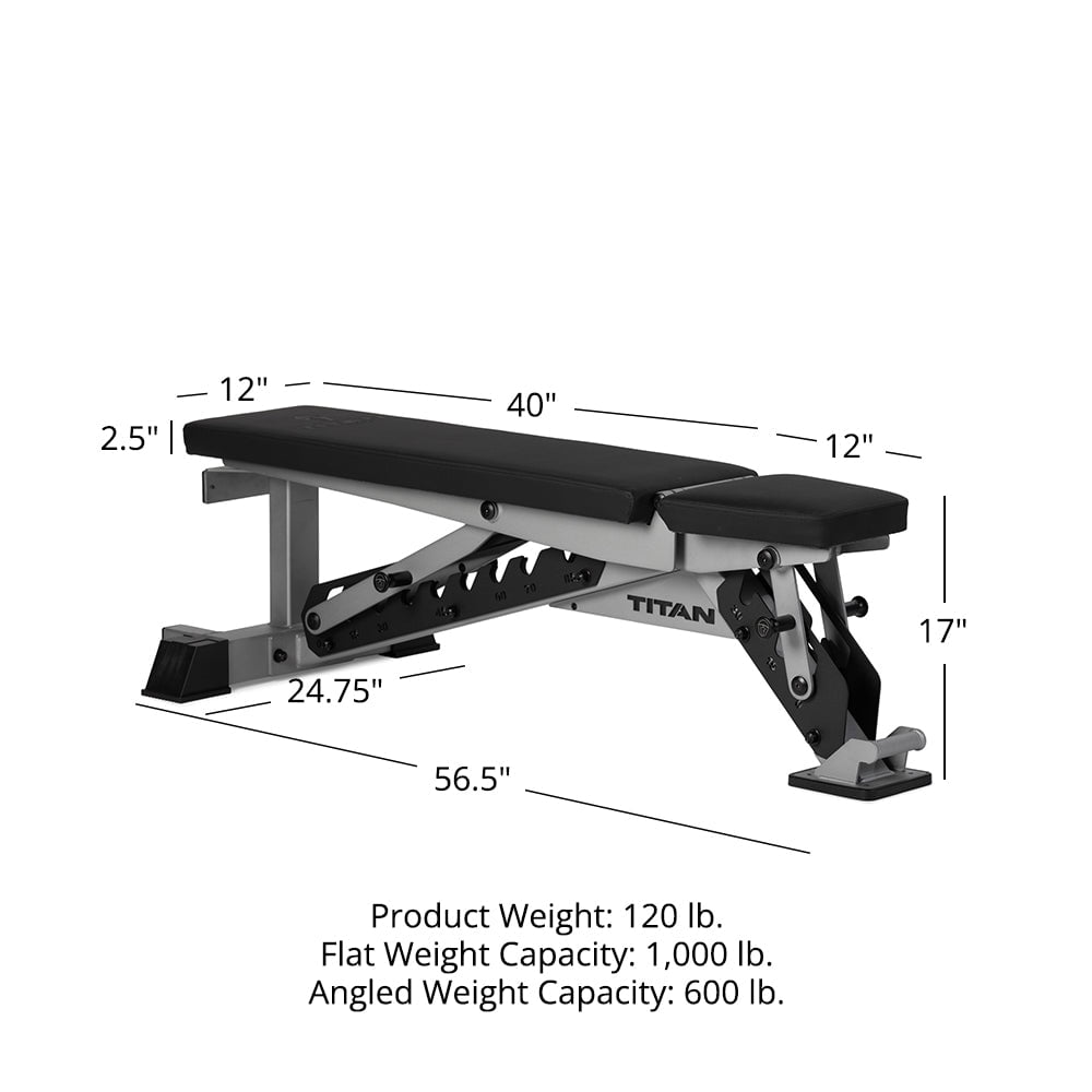 Titan Fitness TITAN Series Silver Adjustable Bench, Supports 600 LB Incline, 1,000 LB Flat