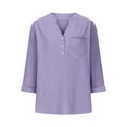 thumbnail image 6 of Women's Plus Size Cotton Linen T-Shirt, Button Down V Neck 3/4 Sleeve Blouse, Loose Fit Casual Top for Daily Wear, Vacation, Work and Relaxed Outfits Purple XXXXL, 6 of 8