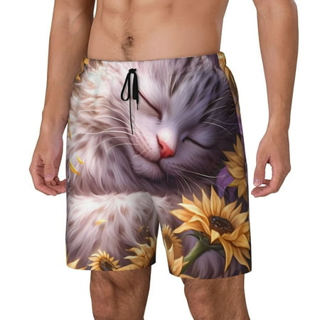 Gaeub Warm Sunflower Sleeping Cat Print Mens Swim Trunks with Compression Liner Board Shorts Quick Dry Beach Swimwear with Pockets-XX-Large