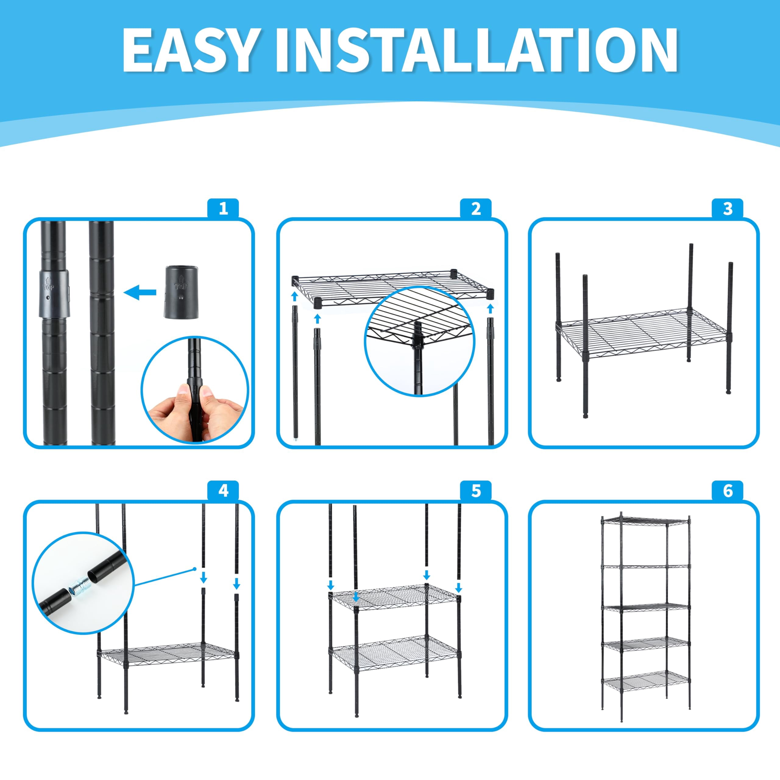 5-Tier Shelving Units Adjustable,Wire Shelf with 1000 lbs Capacity with Wheels & Leveling Feet,Black
