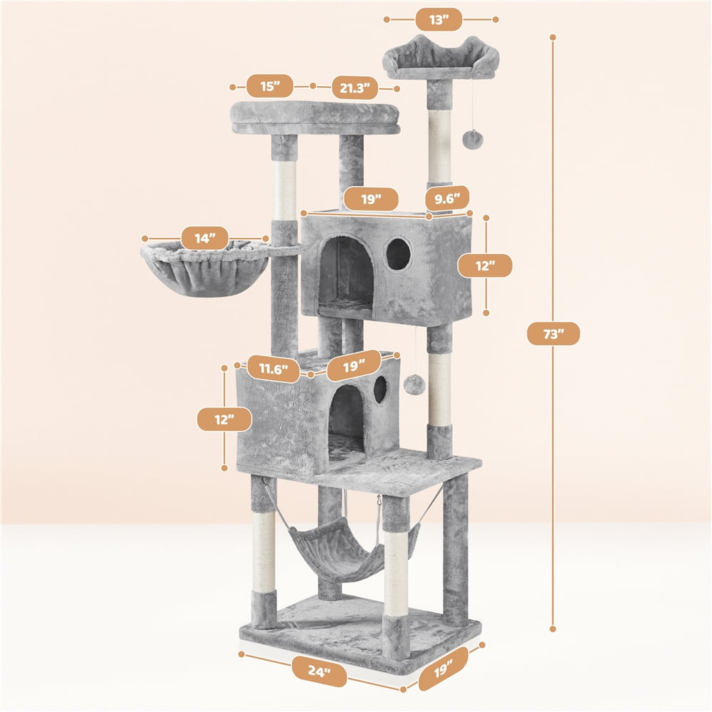 Yaheetech 73in Multilevel Large Cat Tree with Condos & Basket & Hammock, Light Gray