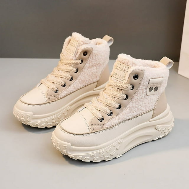 Zapatos altos de invierno para mujer, zapatos acolchados de algodón y gamuza, cálidos zapatos de lana de cordero con suela gruesa que realzan la versión coreana