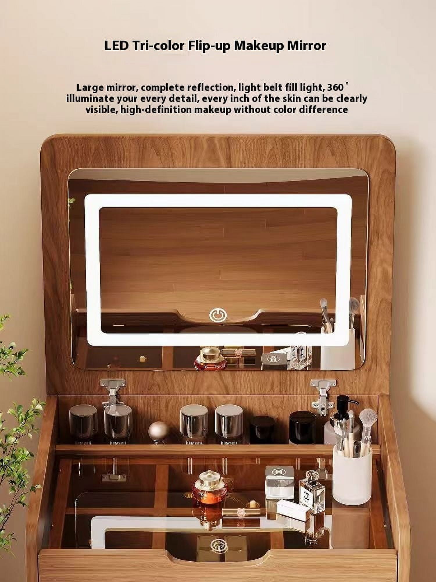 3 in 1 Vanity Desk, Flip Top Lighted Mirror Makeup Vanity with Visible Glass Desktop, 3 Drawers & Cushioned Stool, Compact Dressing Table for Bedroom