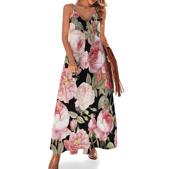 Vestido sexy sin mangas con rosas vintage rosas sobre negro, vestido lindo