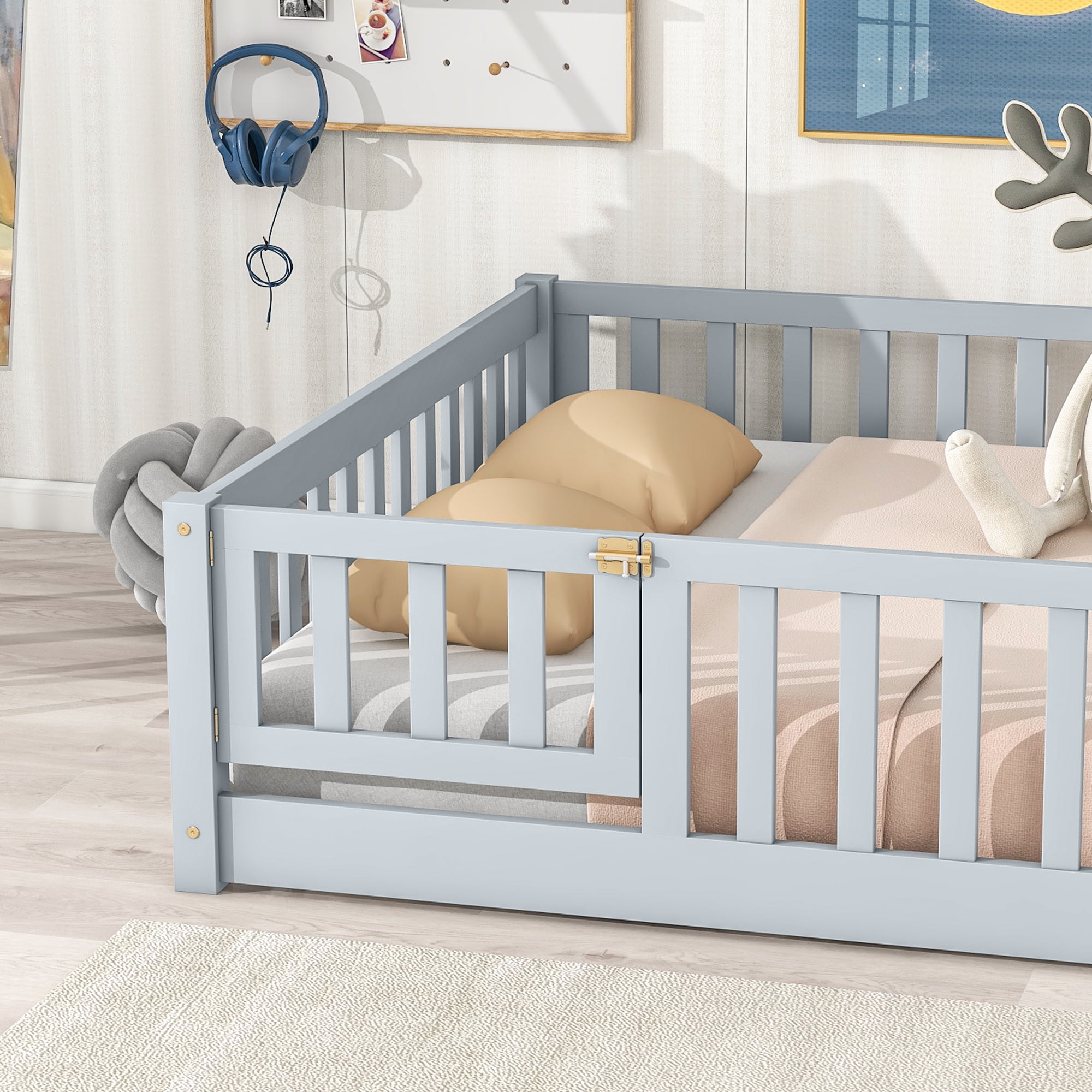 Full Size Floor Bed with Fence and Door,Rubber Wood Floor Bed with Safety Guardrails,Grey