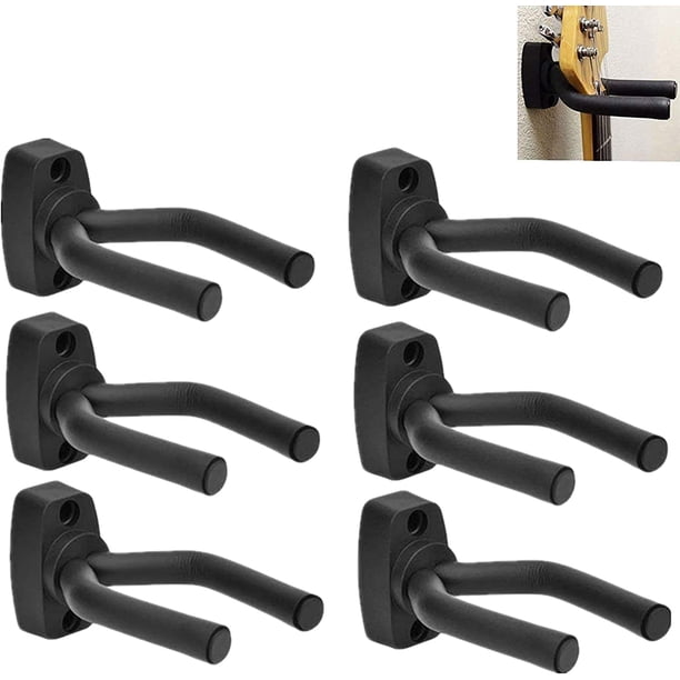 Soporte de pared para guitarra, paquete de 6, colgador de pared para guitarra, soporte de gancho de pared, pantalla negra con tornillos, fácil de instalar, se adapta a guitarras, bajo, mandolina