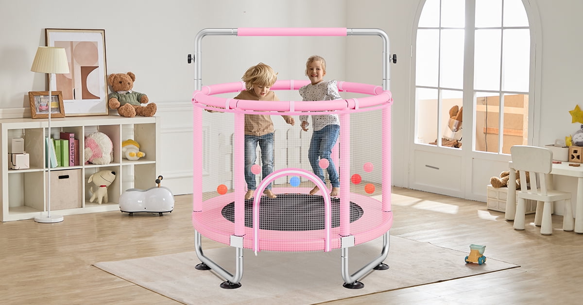 KFFKFF 55" Children's Trampoline, 4.6FT for Indoor and Outdoor Use, Petite Trampoline for Toddlers with Protective Netting and Basketball Hoop, Ideal Birthday and Christmas Presents for Kids Aged 3