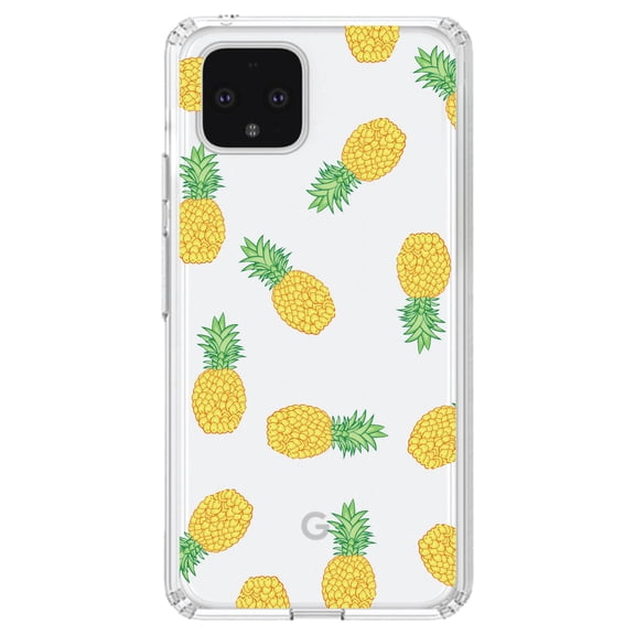 DistinctInk Clear Shockproof Hybrid Case for Google Pixel 4 (5.7" Screen) - TPU Bumper, Acrylic Back, Tempered Glass Screen Protector - Repeating Pineapple Pattern