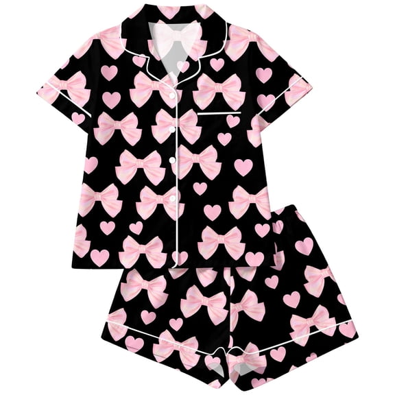 RUTAYY Girls Pajama Set Bow Heart Pattern 2 Piece Sleepwear Kids Slumber Party Indoor Time Black