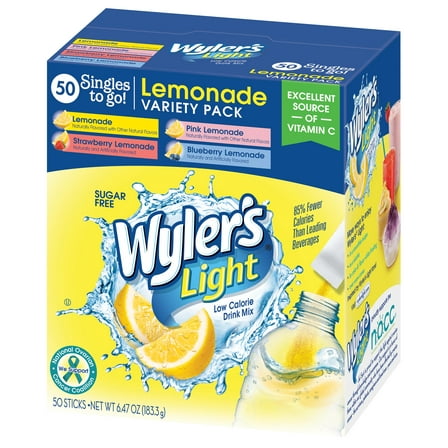 Wyler's Light Sugar Free Lemonade Variety Pack Drink Mix, 0.13 oz, 50 Count Single Packets