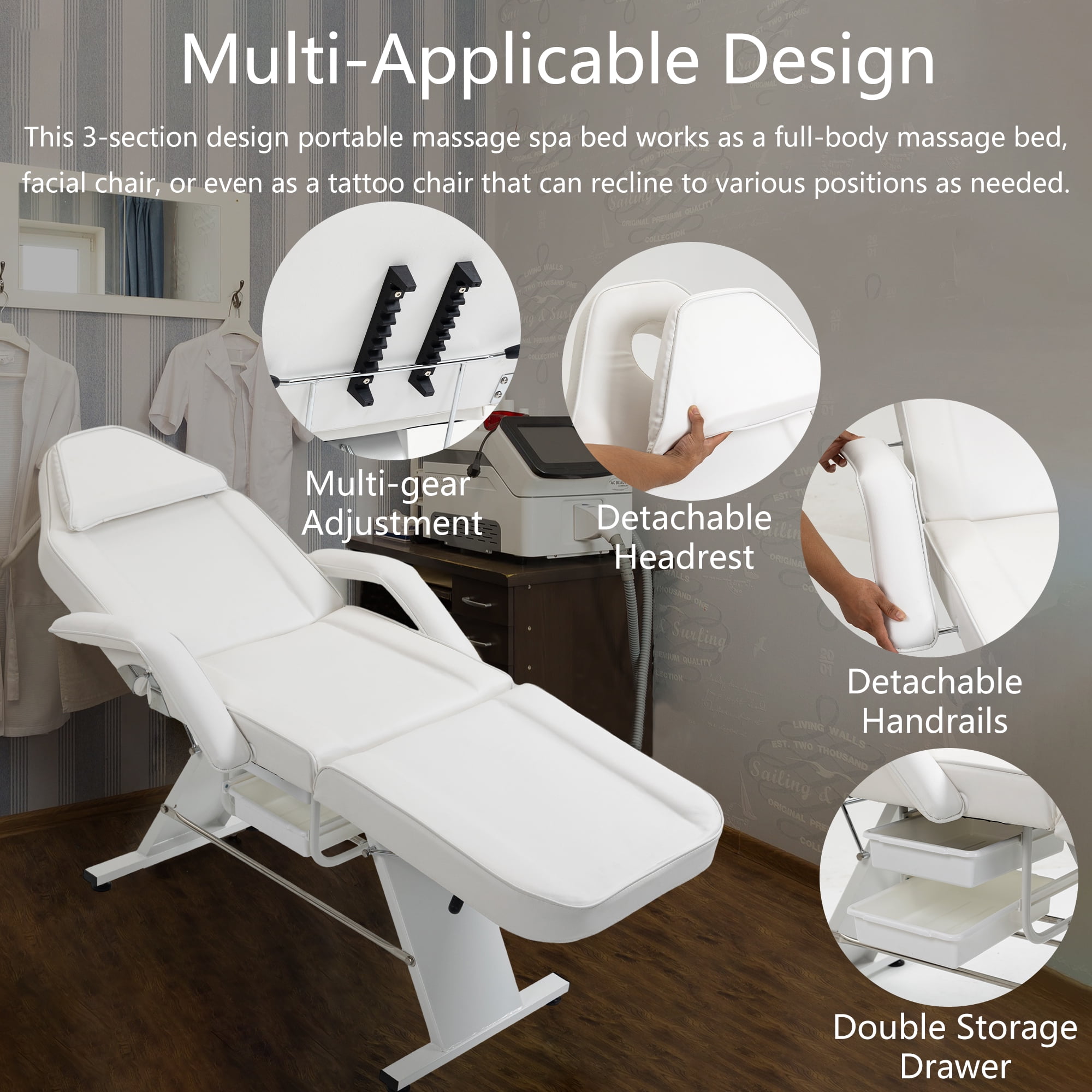 Miniyam 72.7" x 24.4" x 27.6" 3-in-1 Massage Bed & Tattoo Chair – 2 Trays, Hydraulic Stool, Adjustable 3 Sections – for Facial, Beauty, Barber – White