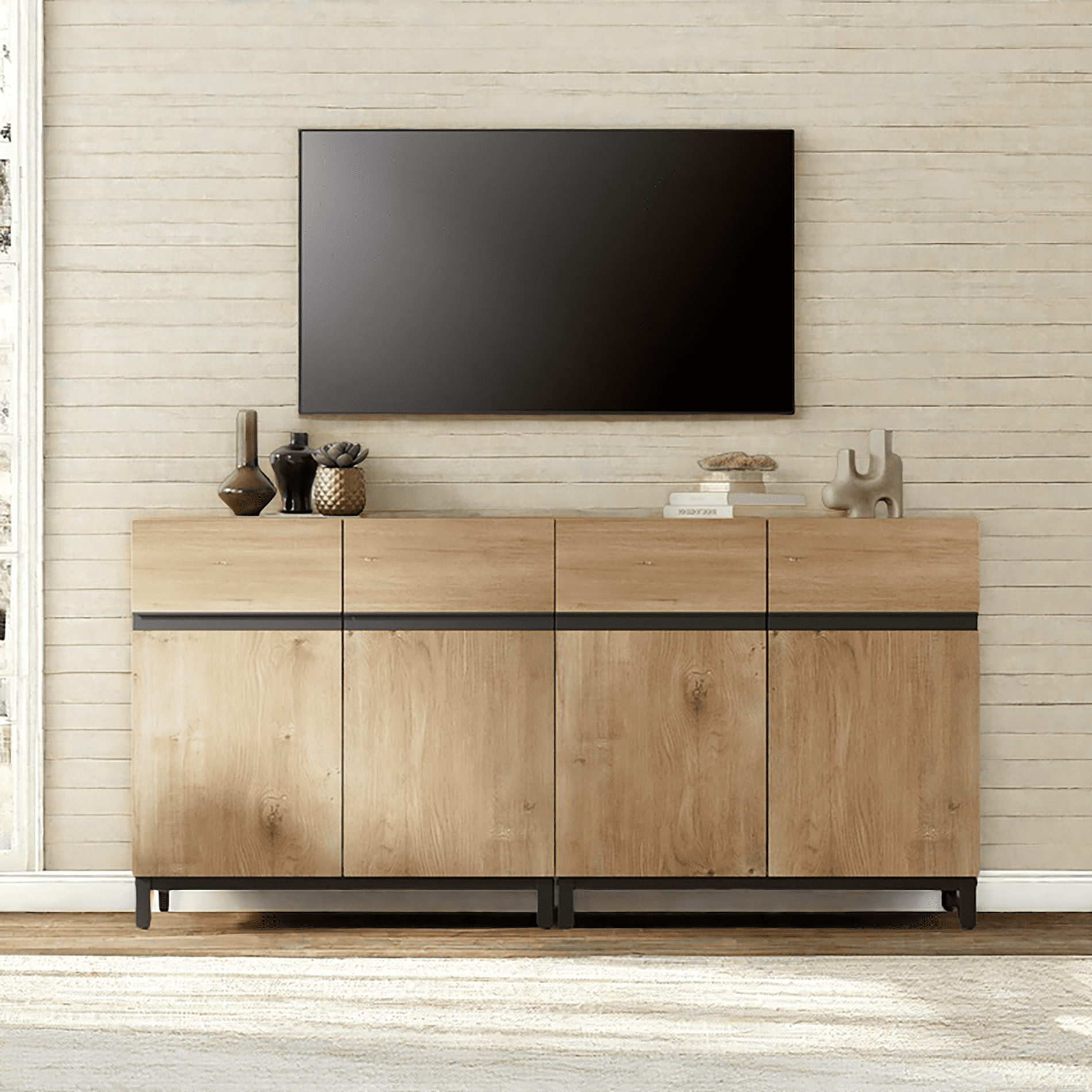 WAMPAT 63" TV Stand with Doors,Modern TV Stand for TVs up to 70 Inch,2 Packs Wood Entertainment Center with Adjustable Shelves & Metal Base.