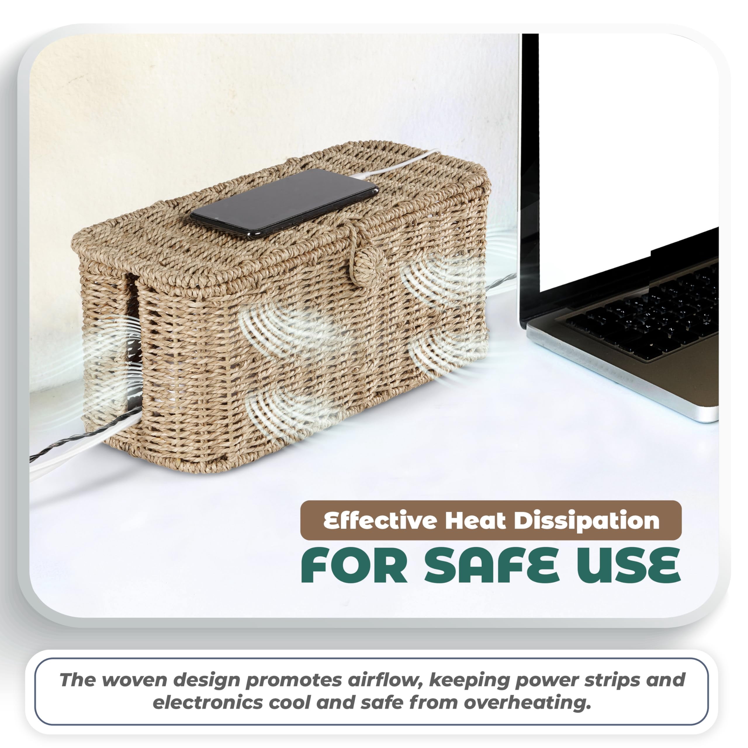 Large Cable Management Box  Rattan Cord Organizer Boxes For Power Strip - 2 Open Slots Cords Hider Tv Wires Computer Router Usb Hub And Under Desk