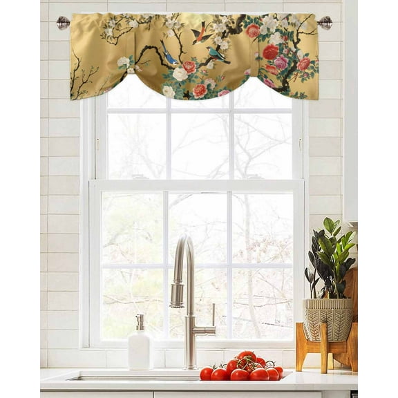 Tie Up Valance Curtain for Kitchen, Chinese Style Peony Rose Bird on Yellow Rod Pocket Short Curtains Adjustable Tie-Up Shade Valances, Watercolor Floral Window Treatment for Bathroom Living Room Bedroom