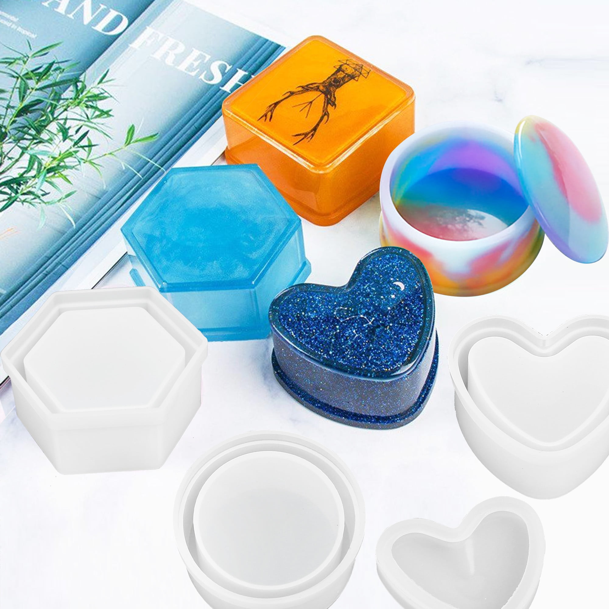 LotFancy 4Pcs Epoxy Resin Molds, Round Clear Hexagon Square Heart Shaped  Storage Box Molds 