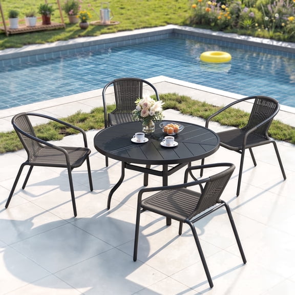 ELPOSUN 5-Piece Outdoor Patio Dining Set, Patio Dining Chairs & 39.3” Large Round Dining Table with Umbrella Hole, Steel Frame & Rattan Seat, Black/Gray