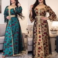 thumbnail image 2 of Women Ramadan Arab Dubai Ethnic Maxi Dress Embroidery Lace Long Sleeve Muslim Kaftan Floral Print Mesh Belted Eid Mubarak Turkish Robe Gown, 2 of 19