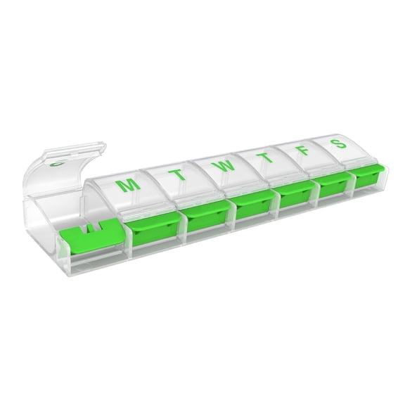 Ezy Dose Push Button (7-Day) Pill, Medicine, Vitamin Organizer Box, Weekly, Daily Planner, Arthritis Friendly, X-Large, Green