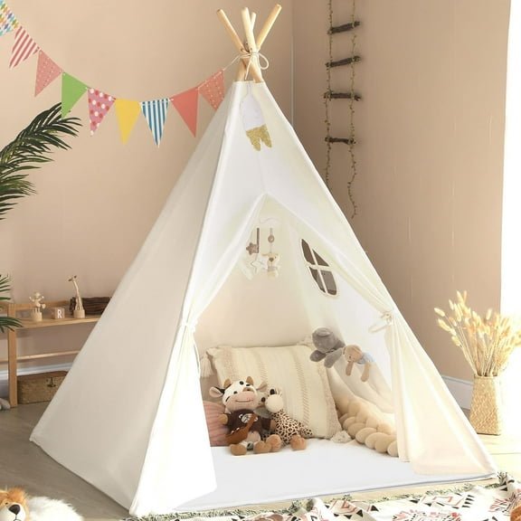 Teepee Tent for Kids Tent Indoor with Mat - 100% Cotton White Toddler Tee Pee Tents Play House- Collapsible Tents for Slumber Party -