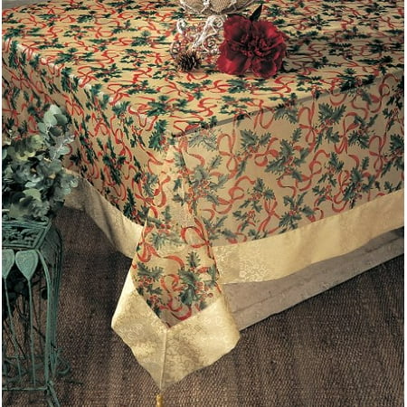 

Holly Ribbon Holiday Christmas Sheer Tablecloth W/ Gold Satin Border and Tassels (65 x84 Rectangular)