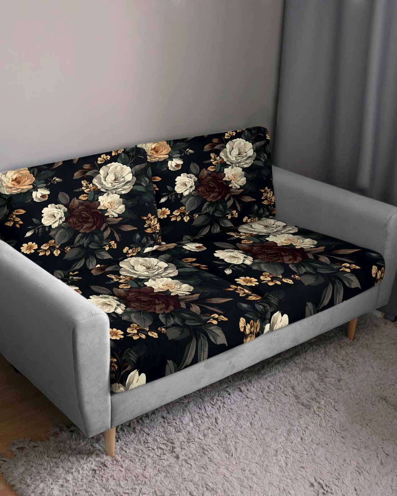 Vintage Black Floral Sofa Couch Cushion Covers Washable, Removable Stretchable Sectional Couch Covers, Spring Seasonal Botanical Blooms Slipcovers for L & T Shape Sofa Furniture Protector M Size 1 pc