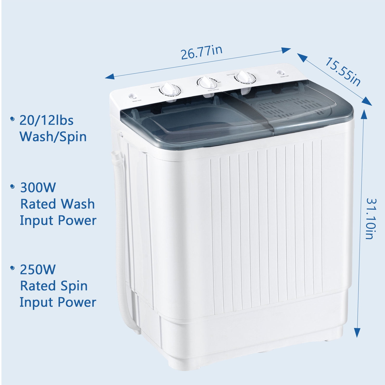 Dimedeal 32 lbs Portable Twin Tub Mini Washing Machine, 20 lbs Washer & 12 lbs Spinner with 1 Drying Rack & 10 Hangers