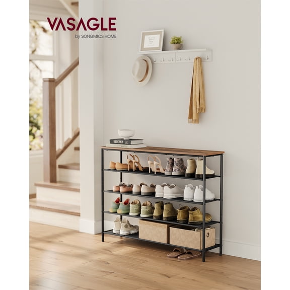 VASAGLE 5-Tier Shoe Rack with Fabric Shelves, Industrial Shoe Organizer for Entryway, Closet or Bedroom, Holds 20-24 Pairs, Adjustable Feet, Rustic Brown and Black