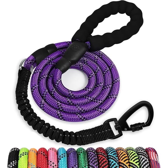 Eryueer Rope Dog Leash 6 FT: Heavy Duty Leashes with Swivel Lockable Hook Reflective Threads Bungee and Padded Handle - Dog Lead for Large Small Medium Dogs Outside Walking Hiking Purple